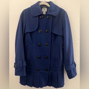 Worthington Double Breasted Pea Coat Small Pleated Hem Wool Blend Blue